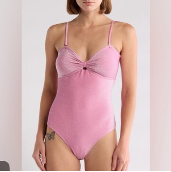 Betsey Johnson Front Center Knot Shimmery Sachet Pink Swimsuit Size M - Picture 1 of 9